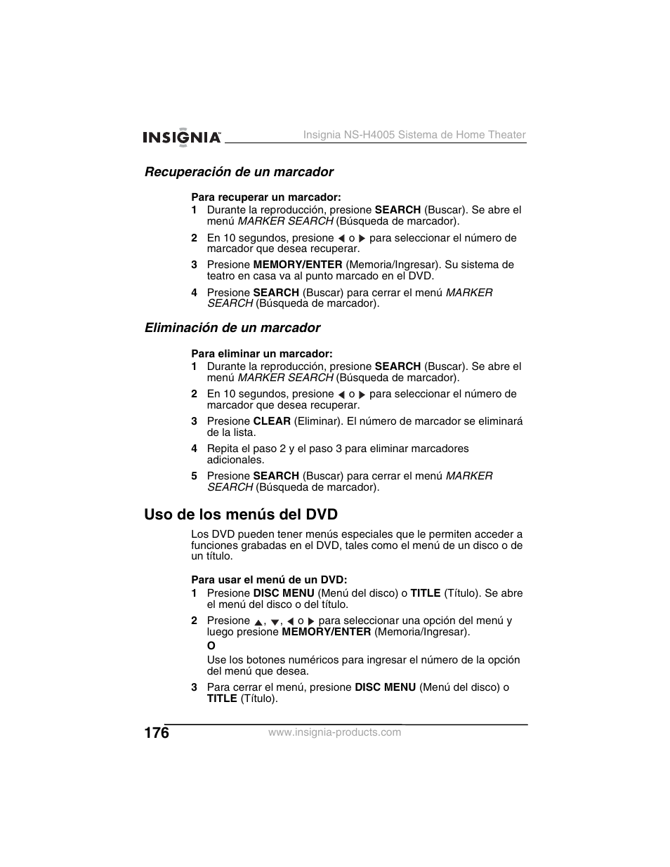 Uso de los menús del dvd, Recuperación de un marcador, Eliminación de un marcador | Insignia NS-H4005 User Manual | Page 178 / 208