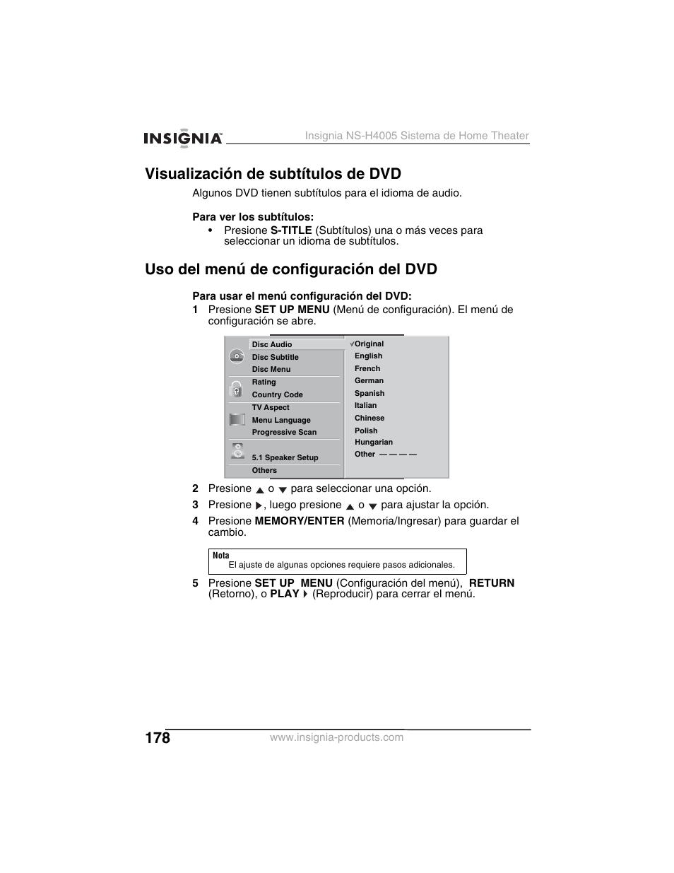 Visualización de subtítulos de dvd, Uso del menú de configuración del dvd | Insignia NS-H4005 User Manual | Page 180 / 208