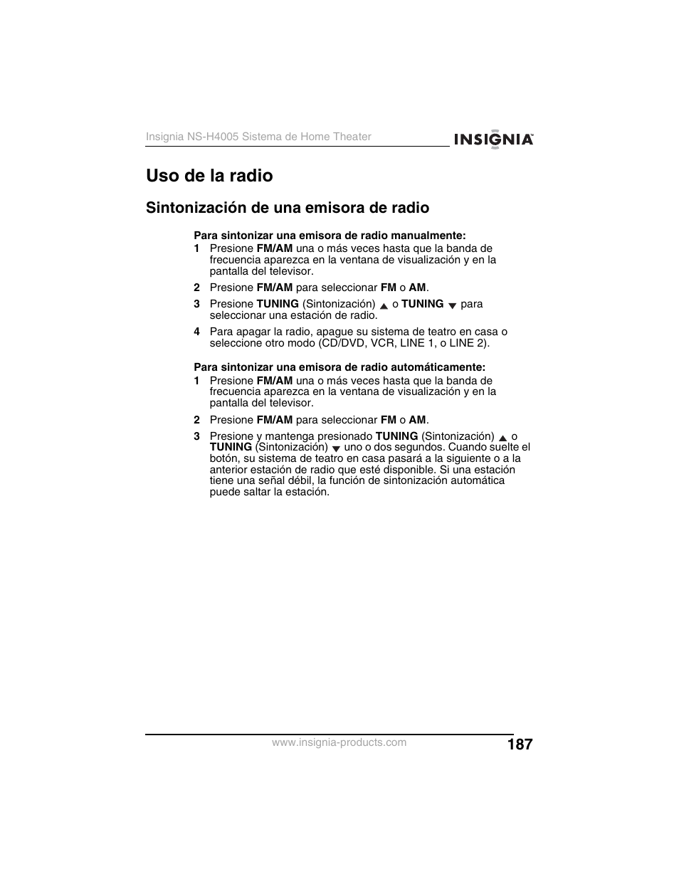 Uso de la radio, Sintonización de una emisora de radio | Insignia NS-H4005 User Manual | Page 189 / 208