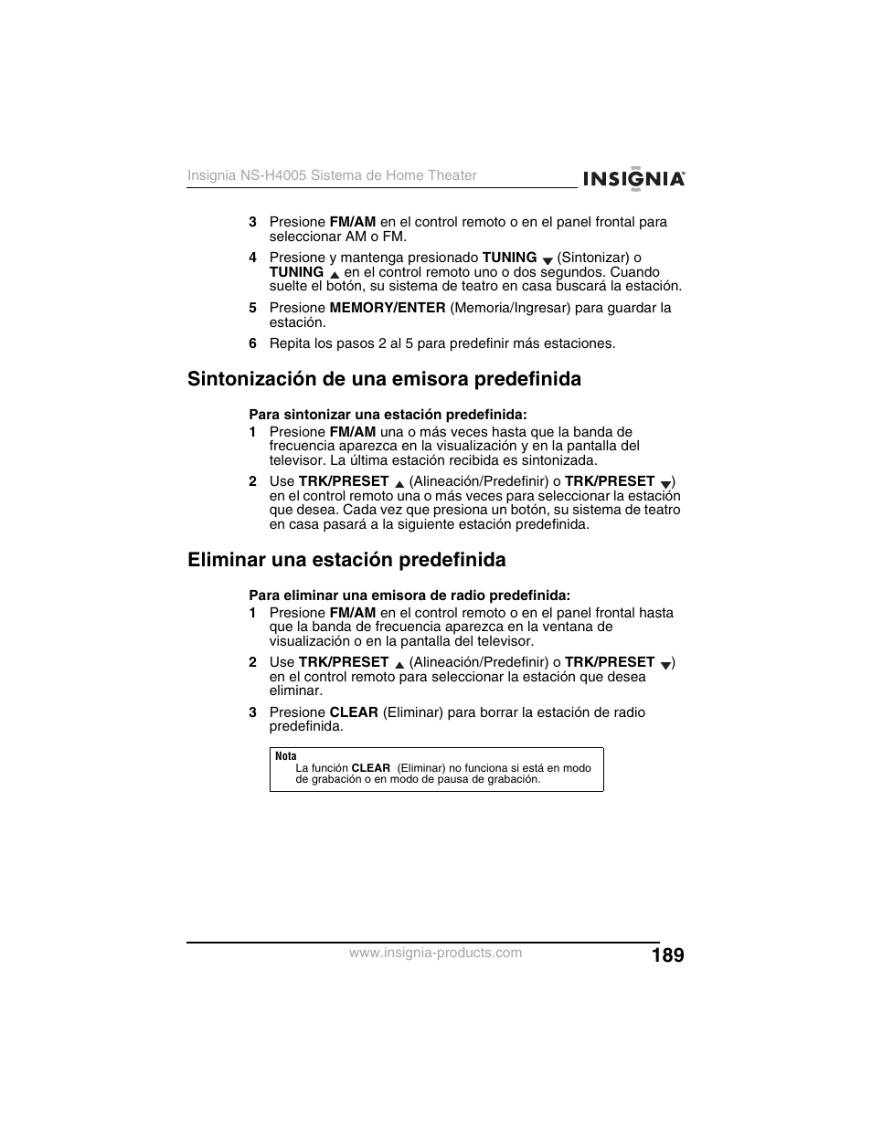 Sintonización de una emisora predefinida, Eliminar una estación predefinida | Insignia NS-H4005 User Manual | Page 191 / 208