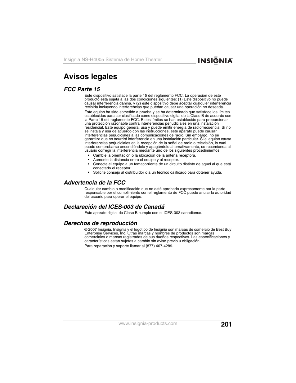 Avisos legales, Fcc parte 15, Advertencia de la fcc | Declaración del ices-003 de canadá, Derechos de reproducción | Insignia NS-H4005 User Manual | Page 203 / 208