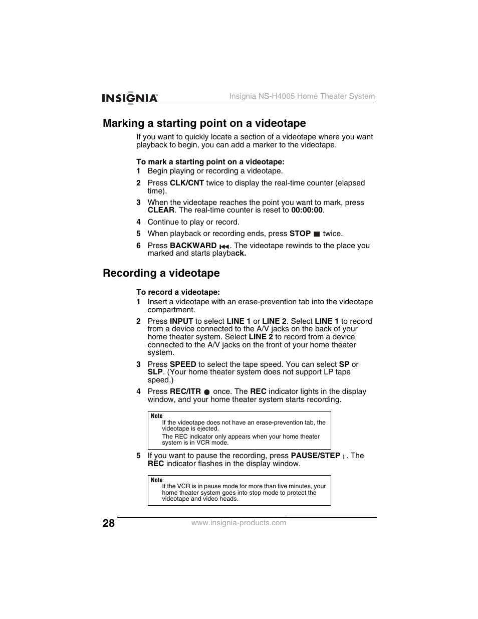 Marking a starting point on a videotape, Recording a videotape | Insignia NS-H4005 User Manual | Page 30 / 208