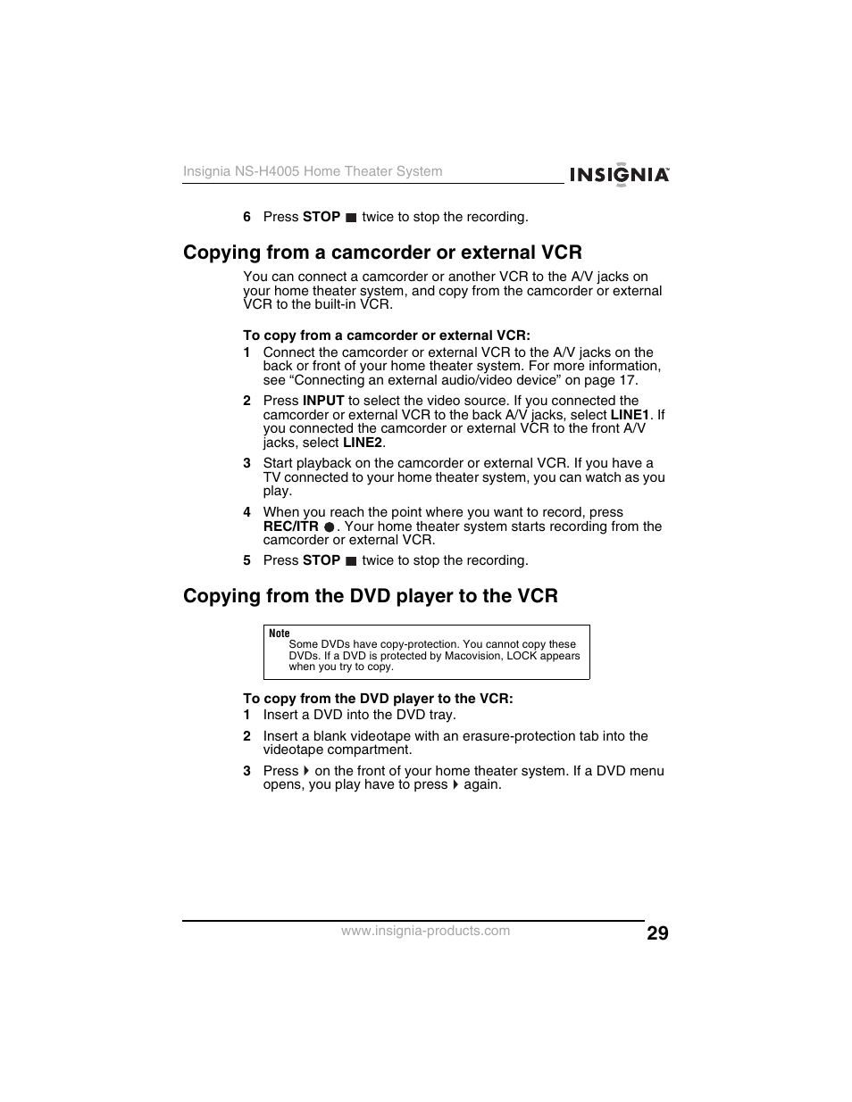 Copying from a camcorder or external vcr, Copying from the dvd player to the vcr | Insignia NS-H4005 User Manual | Page 31 / 208