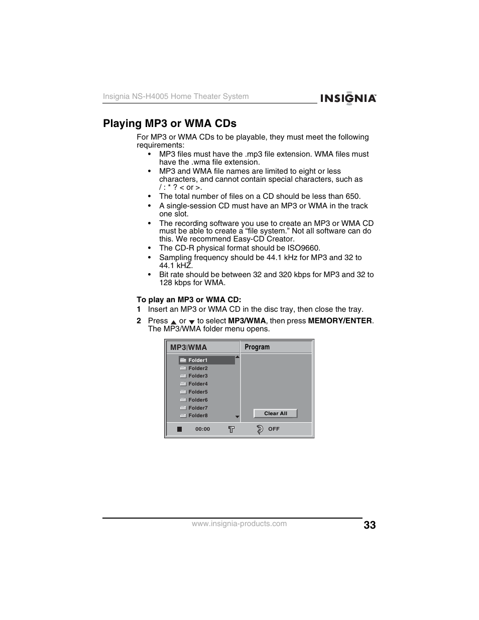 Playing mp3 or wma cds | Insignia NS-H4005 User Manual | Page 35 / 208