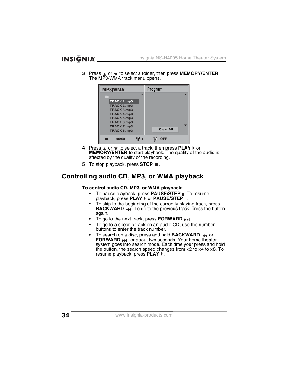 Controlling audio cd, mp3, or wma playback | Insignia NS-H4005 User Manual | Page 36 / 208