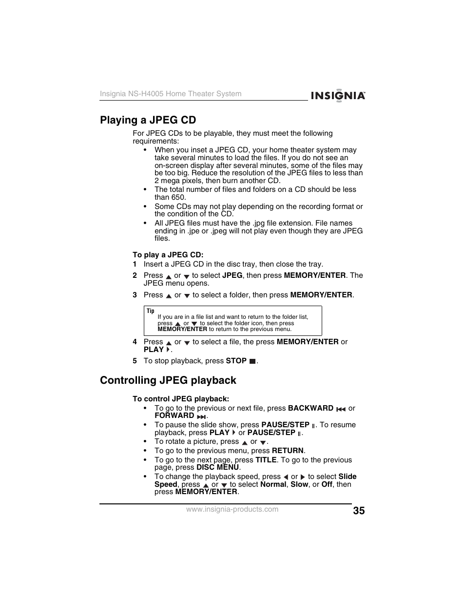 Playing a jpeg cd, Controlling jpeg playback | Insignia NS-H4005 User Manual | Page 37 / 208