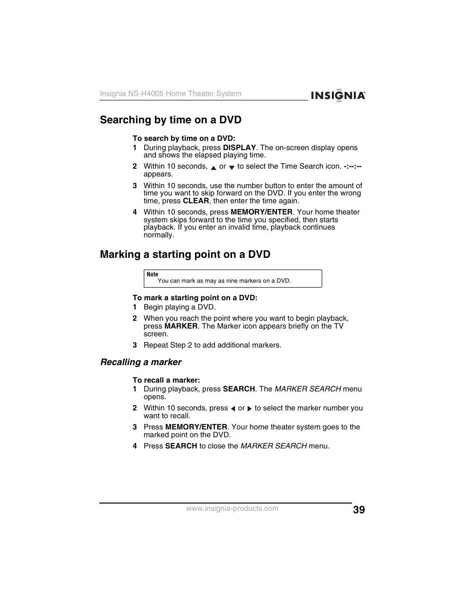 Searching by time on a dvd, Marking a starting point on a dvd, Recalling a marker | Insignia NS-H4005 User Manual | Page 41 / 208