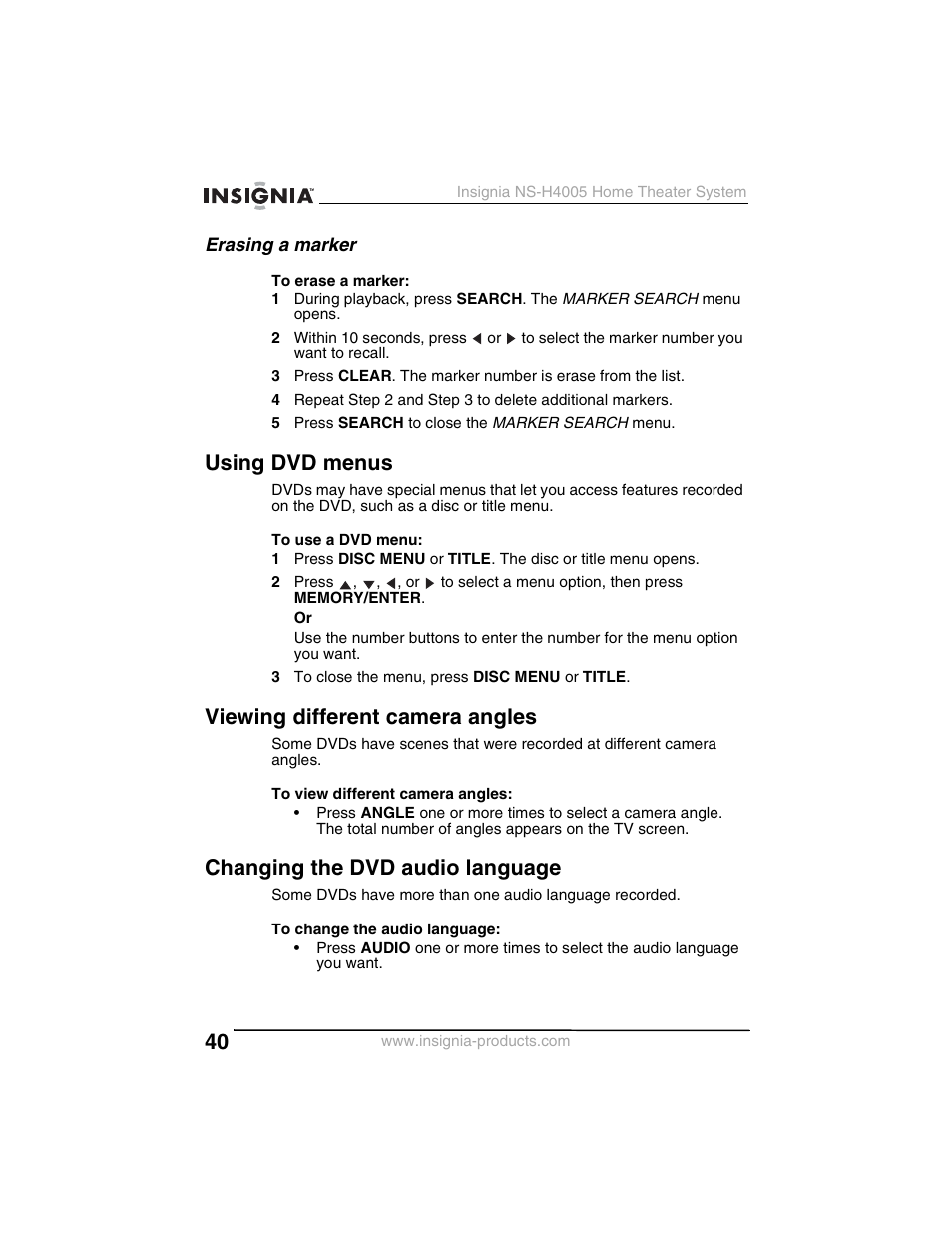 Using dvd menus, Viewing different camera angles, Changing the dvd audio language | Insignia NS-H4005 User Manual | Page 42 / 208