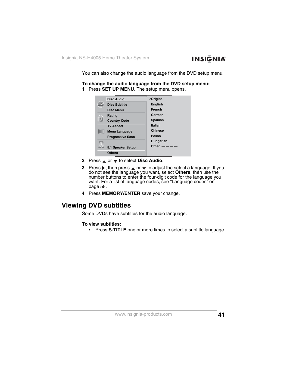 Viewing dvd subtitles | Insignia NS-H4005 User Manual | Page 43 / 208