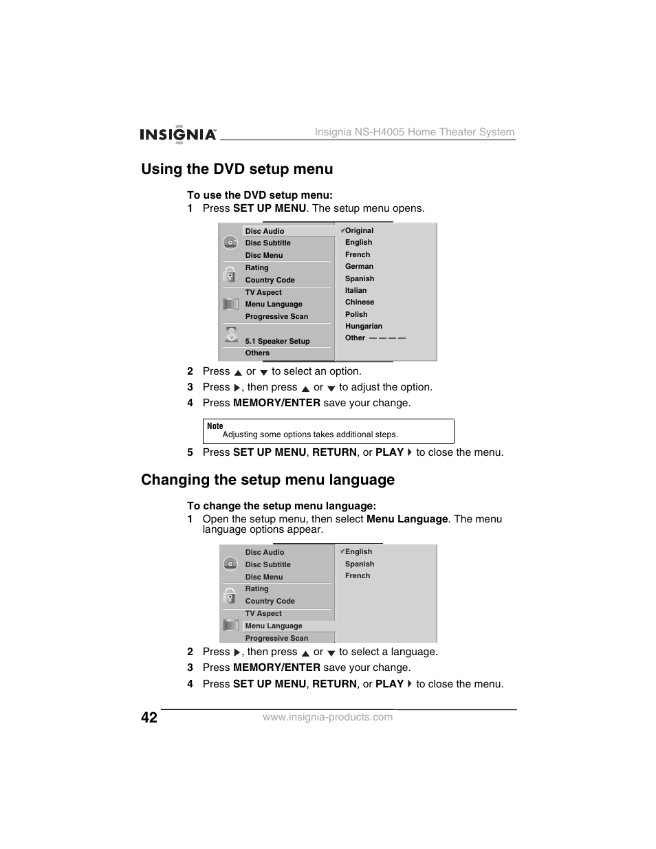 Using the dvd setup menu, Changing the setup menu language | Insignia NS-H4005 User Manual | Page 44 / 208