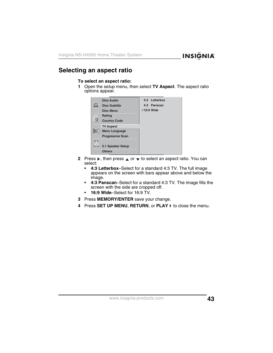 Selecting an aspect ratio | Insignia NS-H4005 User Manual | Page 45 / 208