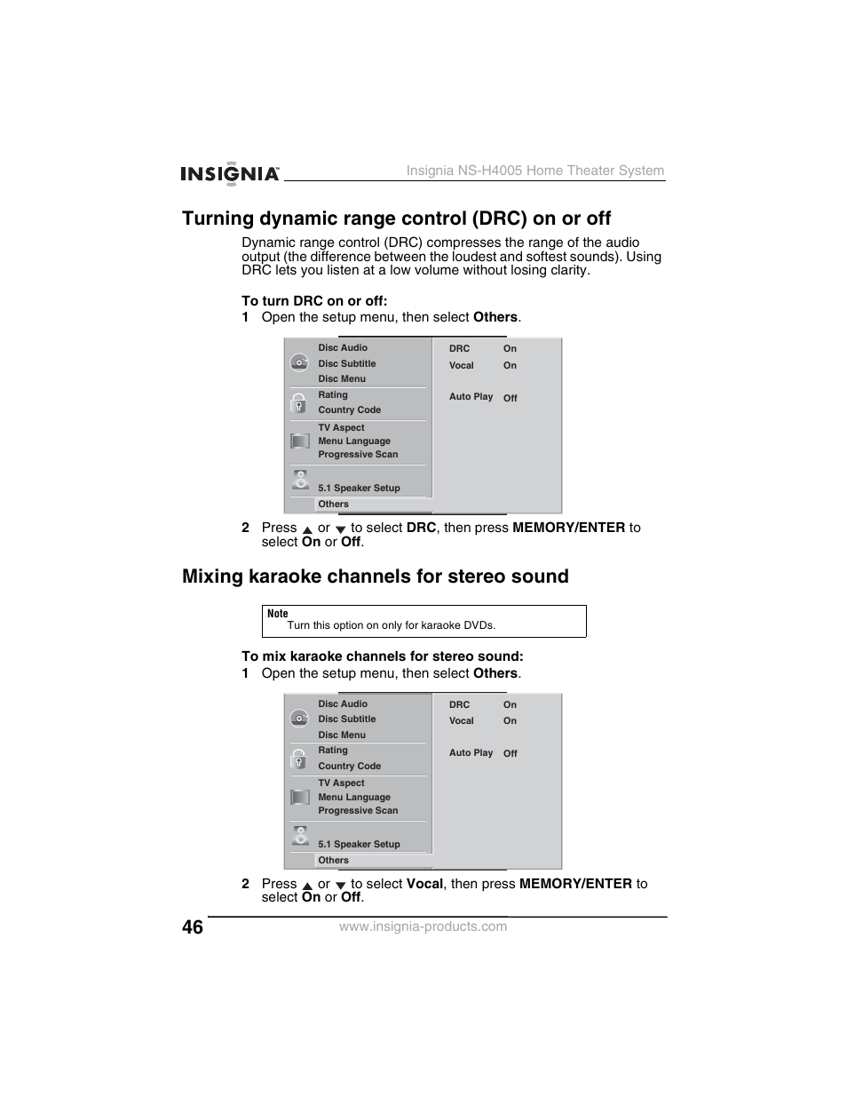 Turning dynamic range control (drc) on or off, Mixing karaoke channels for stereo sound | Insignia NS-H4005 User Manual | Page 48 / 208