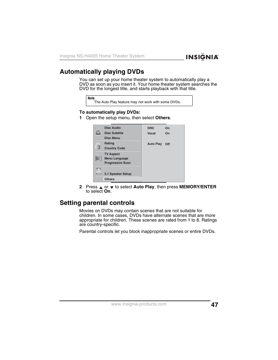 Automatically playing dvds, Setting parental controls | Insignia NS-H4005 User Manual | Page 49 / 208