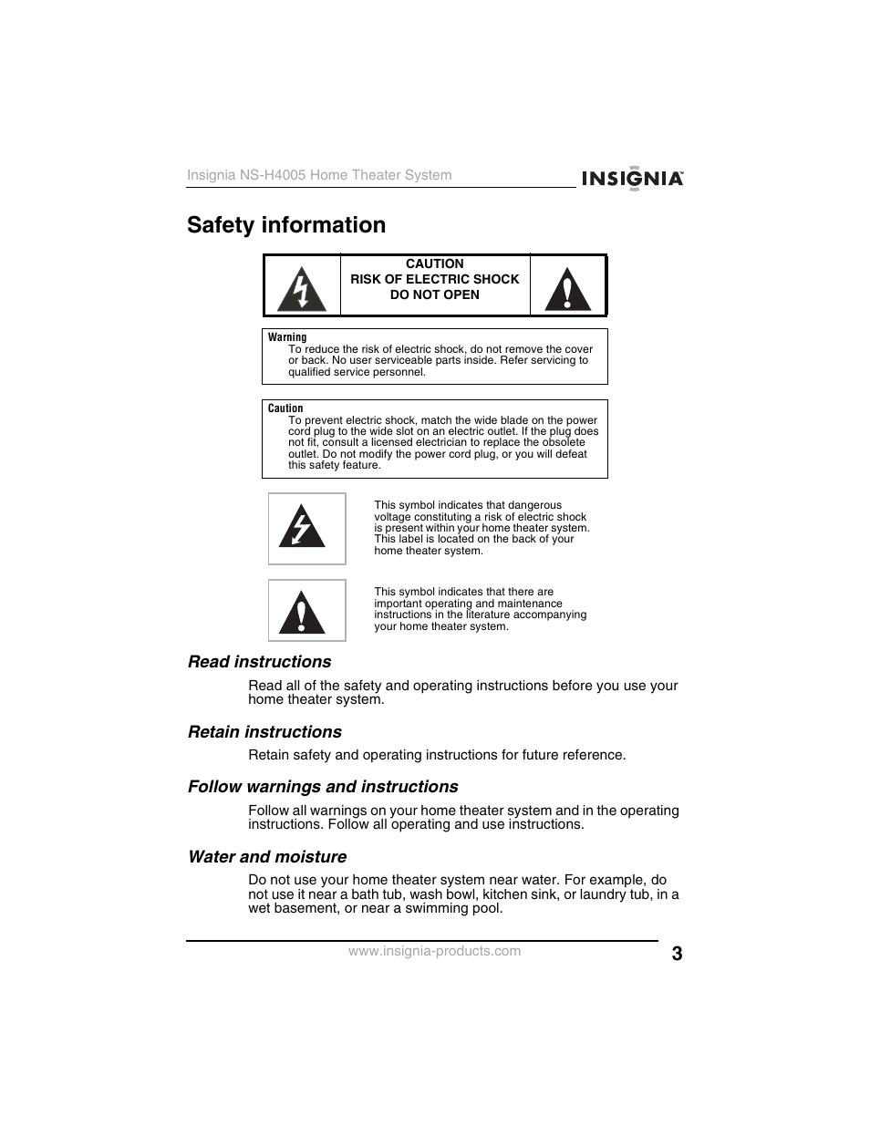 Safety information, Read instructions, Retain instructions | Follow warnings and instructions, Water and moisture | Insignia NS-H4005 User Manual | Page 5 / 208