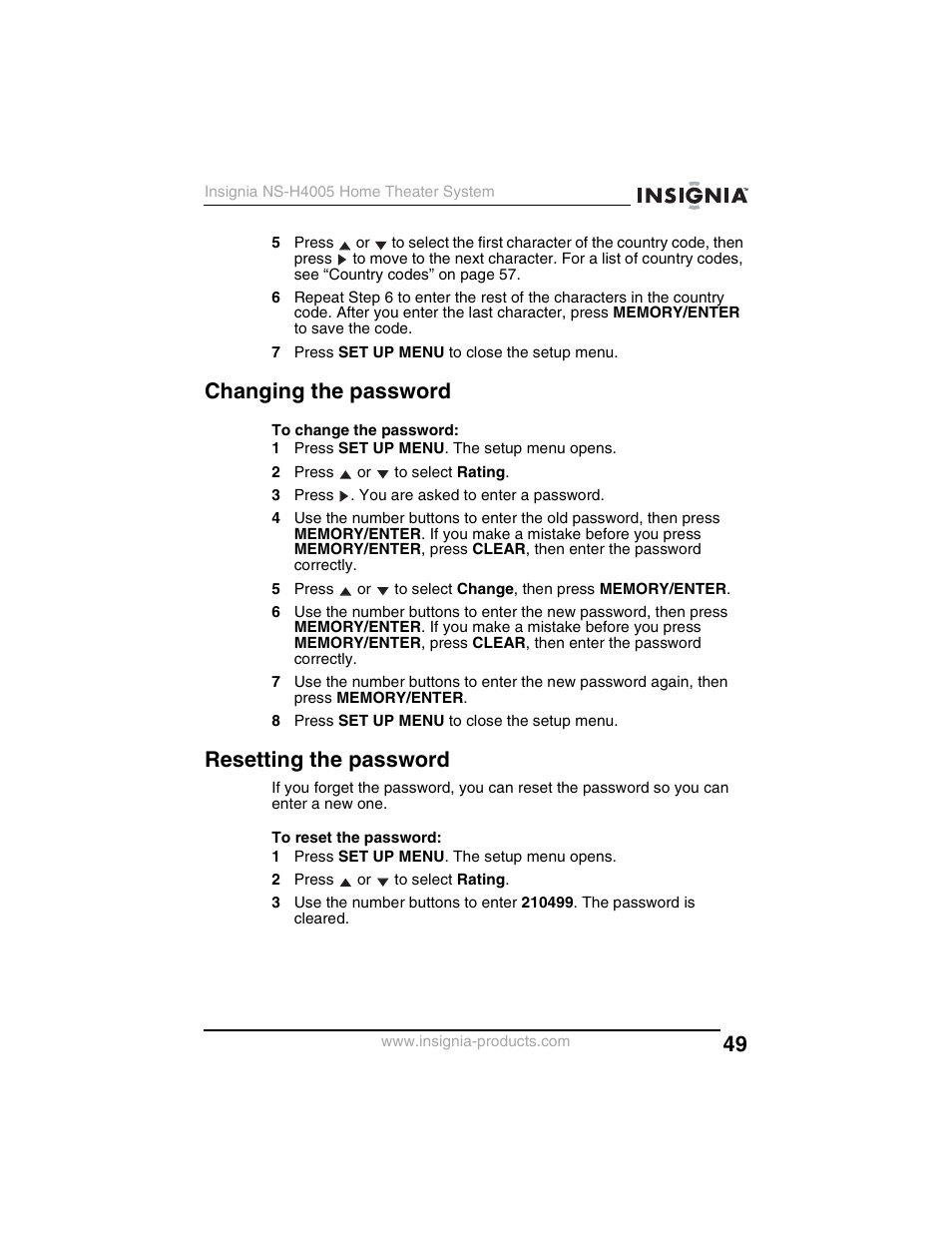 Changing the password, Resetting the password | Insignia NS-H4005 User Manual | Page 51 / 208