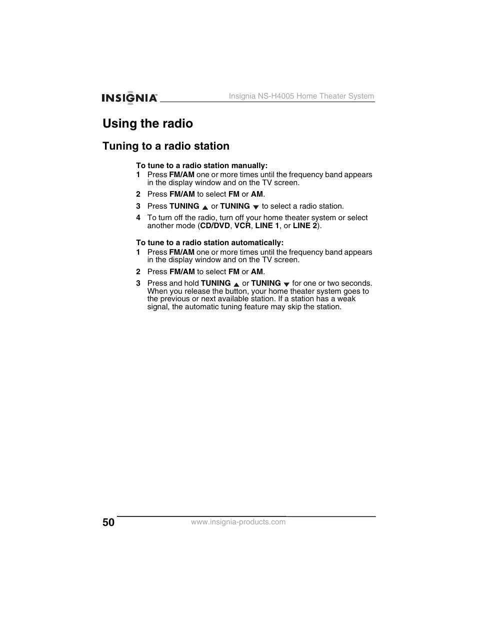 Using the radio, Tuning to a radio station | Insignia NS-H4005 User Manual | Page 52 / 208