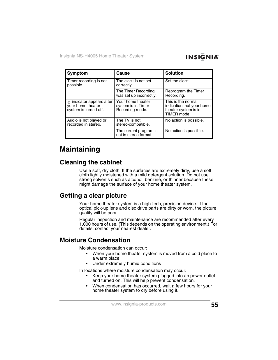 Maintaining, Cleaning the cabinet, Getting a clear picture | Moisture condensation | Insignia NS-H4005 User Manual | Page 57 / 208