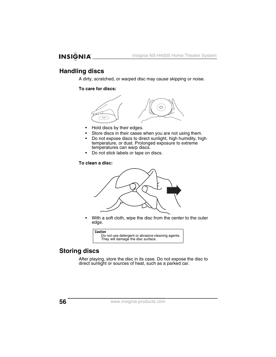 Handling discs, Storing discs | Insignia NS-H4005 User Manual | Page 58 / 208