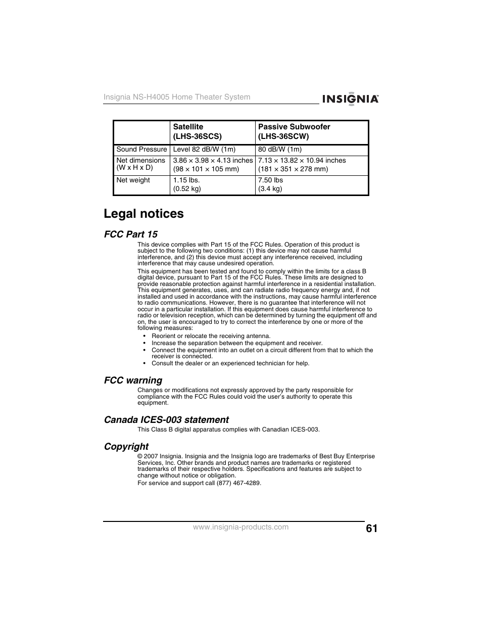 Legal notices, Fcc part 15, Fcc warning | Canada ices-003 statement, Copyright | Insignia NS-H4005 User Manual | Page 63 / 208