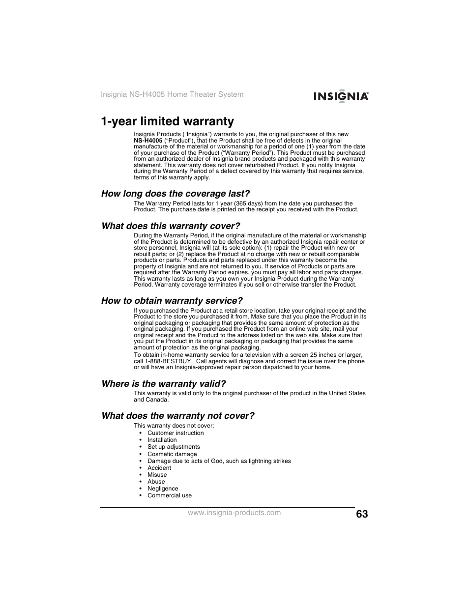 Year limited warranty, How long does the coverage last, What does this warranty cover | How to obtain warranty service, Where is the warranty valid, What does the warranty not cover | Insignia NS-H4005 User Manual | Page 65 / 208