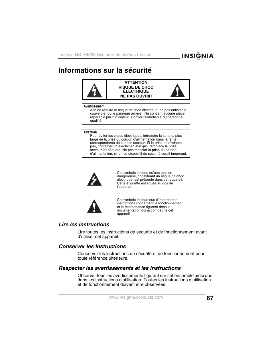 Informations sur la sécurité, Lire les instructions, Conserver les instructions | Respecter les avertissements et les instructions | Insignia NS-H4005 User Manual | Page 69 / 208