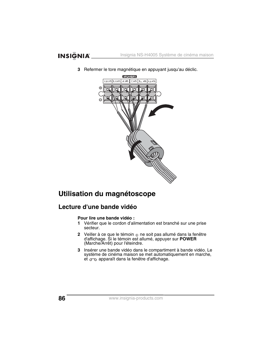 Utilisation du magnétoscope, Lecture d'une bande vidéo | Insignia NS-H4005 User Manual | Page 88 / 208