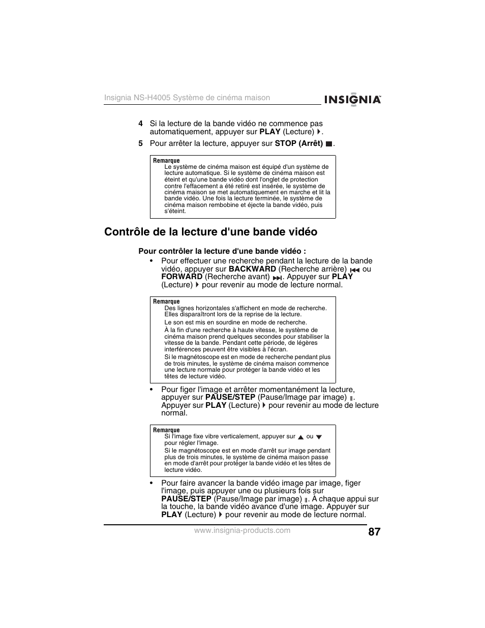 Contrôle de la lecture d'une bande vidéo | Insignia NS-H4005 User Manual | Page 89 / 208