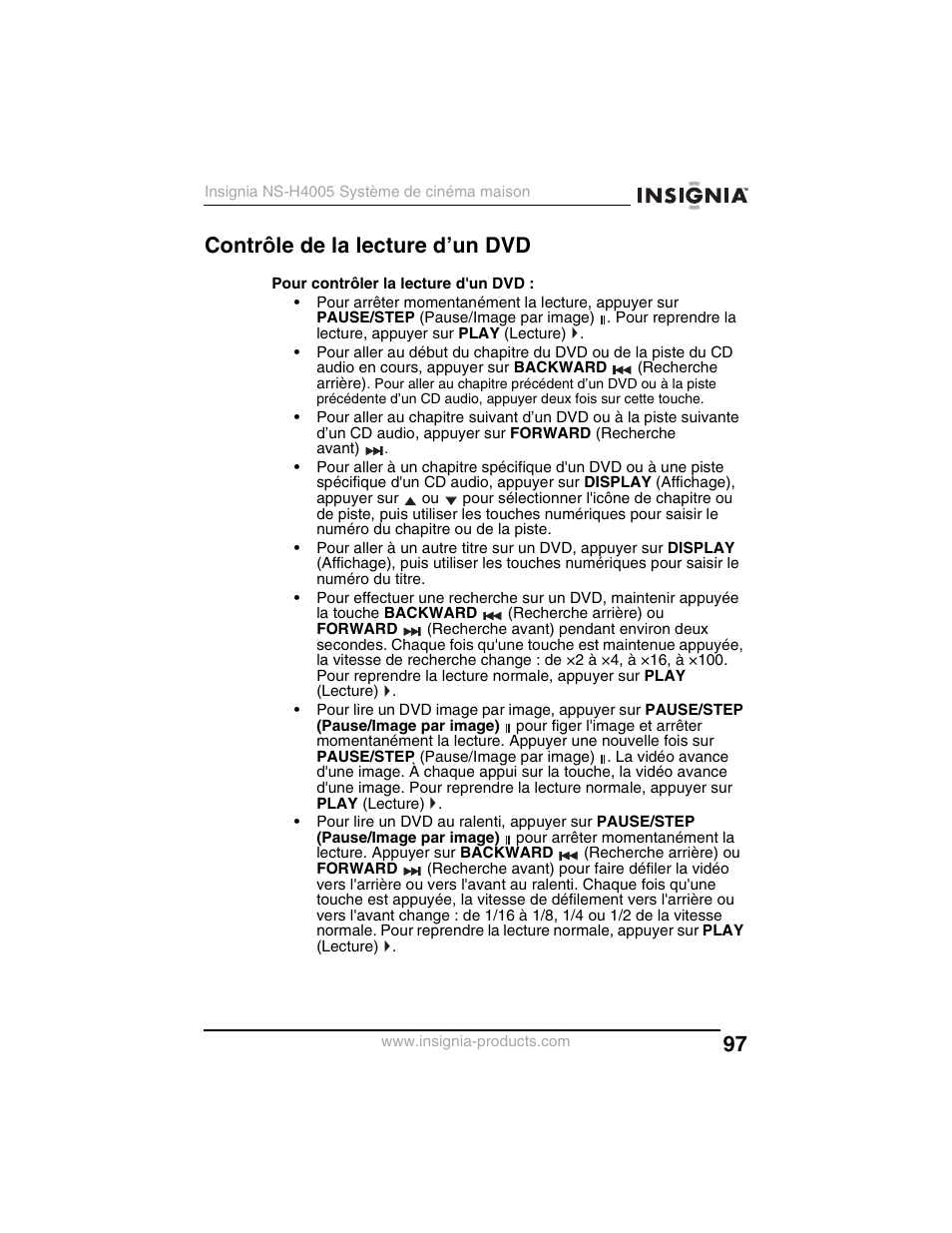 Contrôle de la lecture d’un dvd | Insignia NS-H4005 User Manual | Page 99 / 208