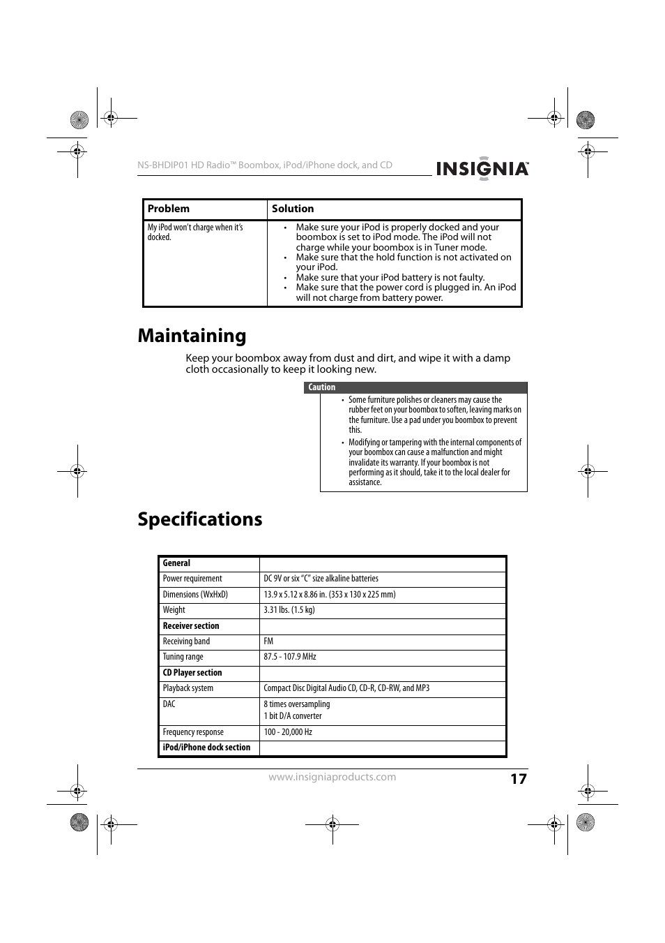 Maintaining, Specifications | Insignia HD RADIO NS-BHDIP01 User Manual | Page 17 / 21