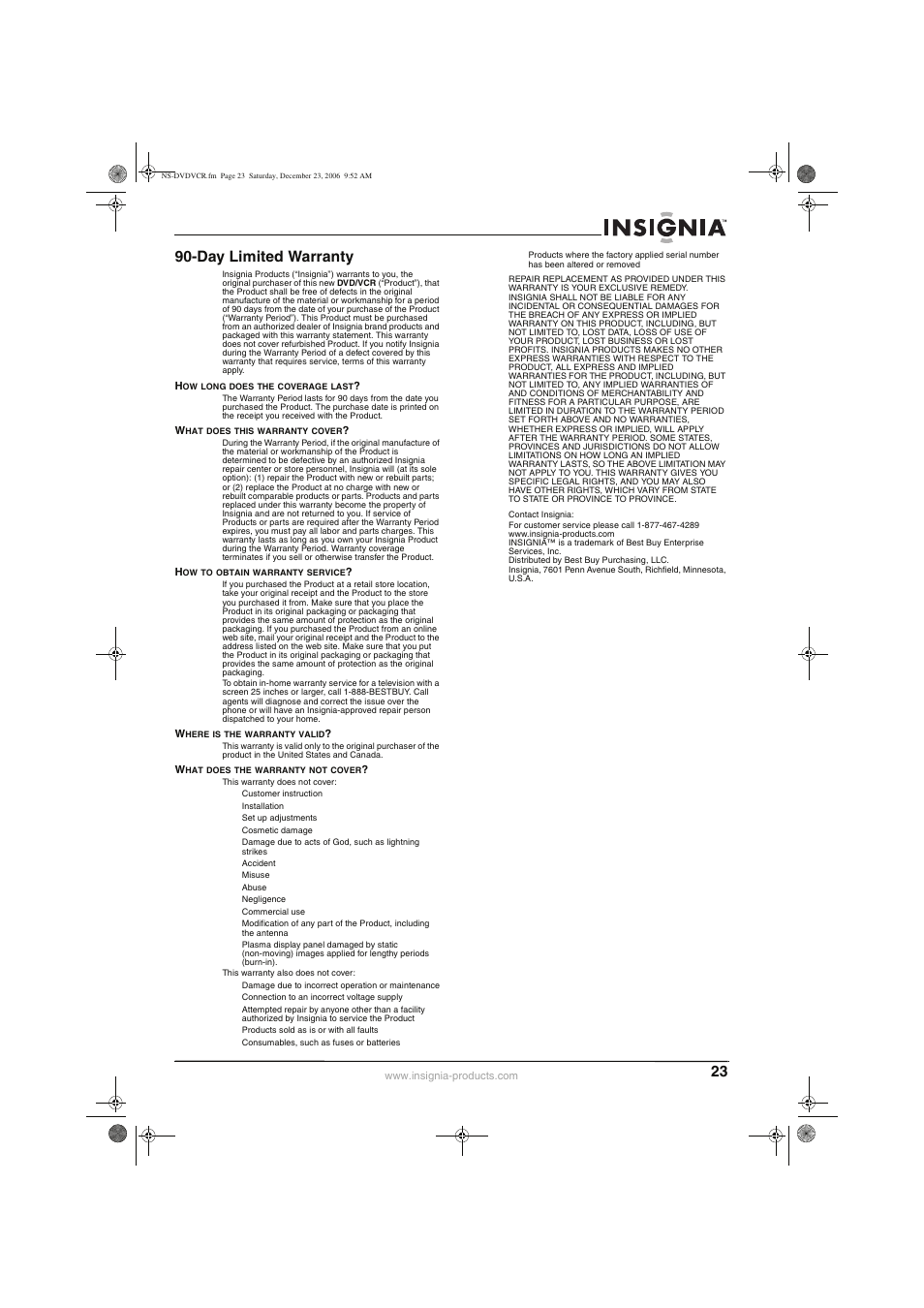 Day limited warranty | Insignia 55423-3645 User Manual | Page 23 / 78