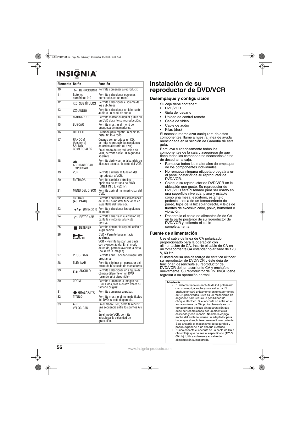 Instalación de su reproductor de dvd/vcr | Insignia 55423-3645 User Manual | Page 56 / 78