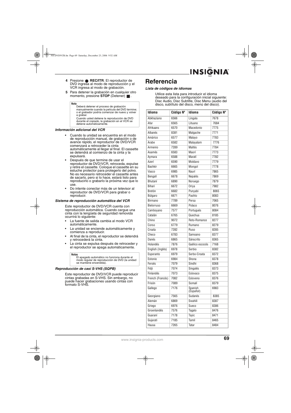 Referencia | Insignia 55423-3645 User Manual | Page 69 / 78