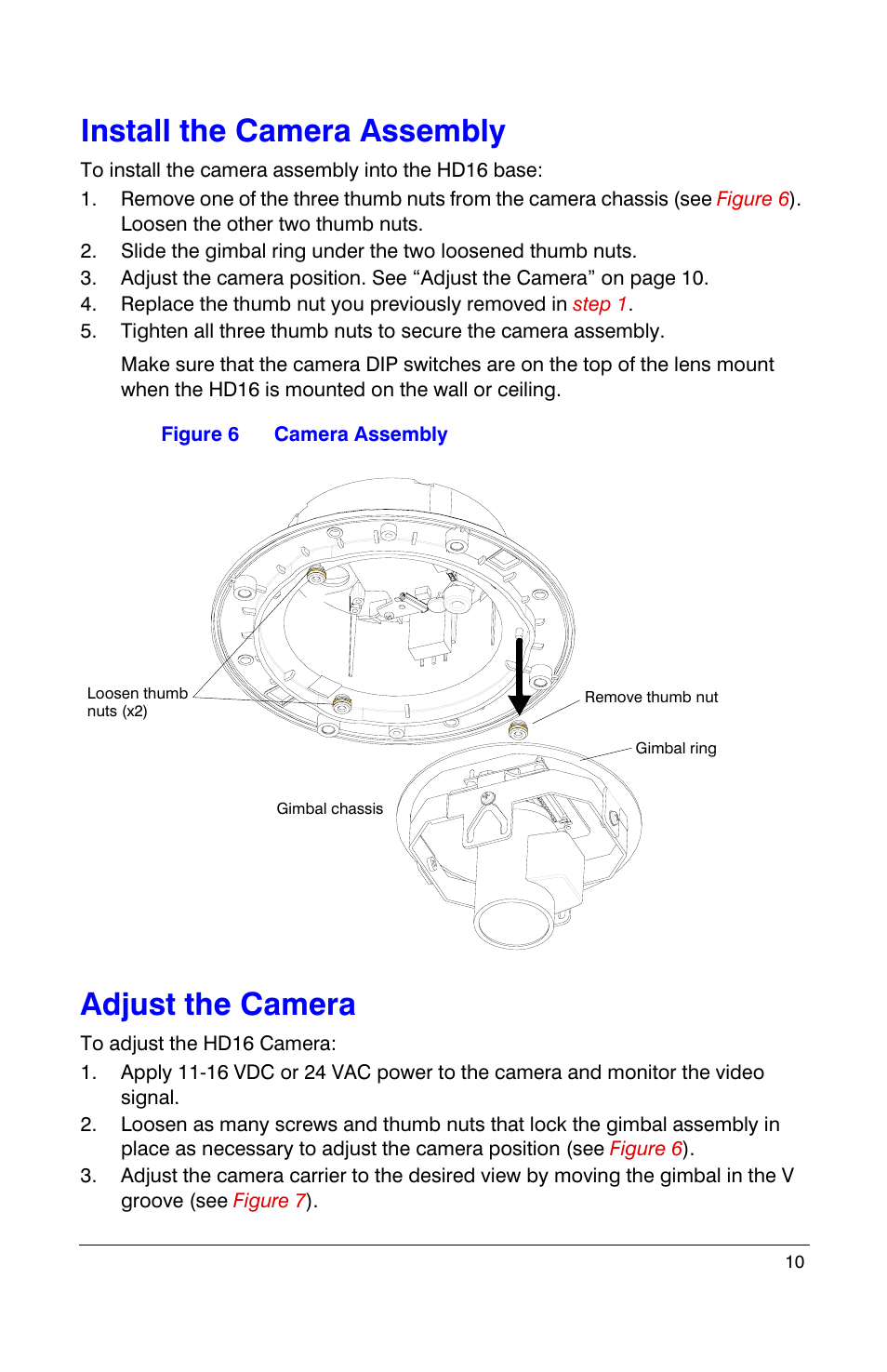 Install the camera assembly, Adjust the camera, Install the camera assembly adjust the camera | Insignia HD16 User Manual | Page 10 / 24