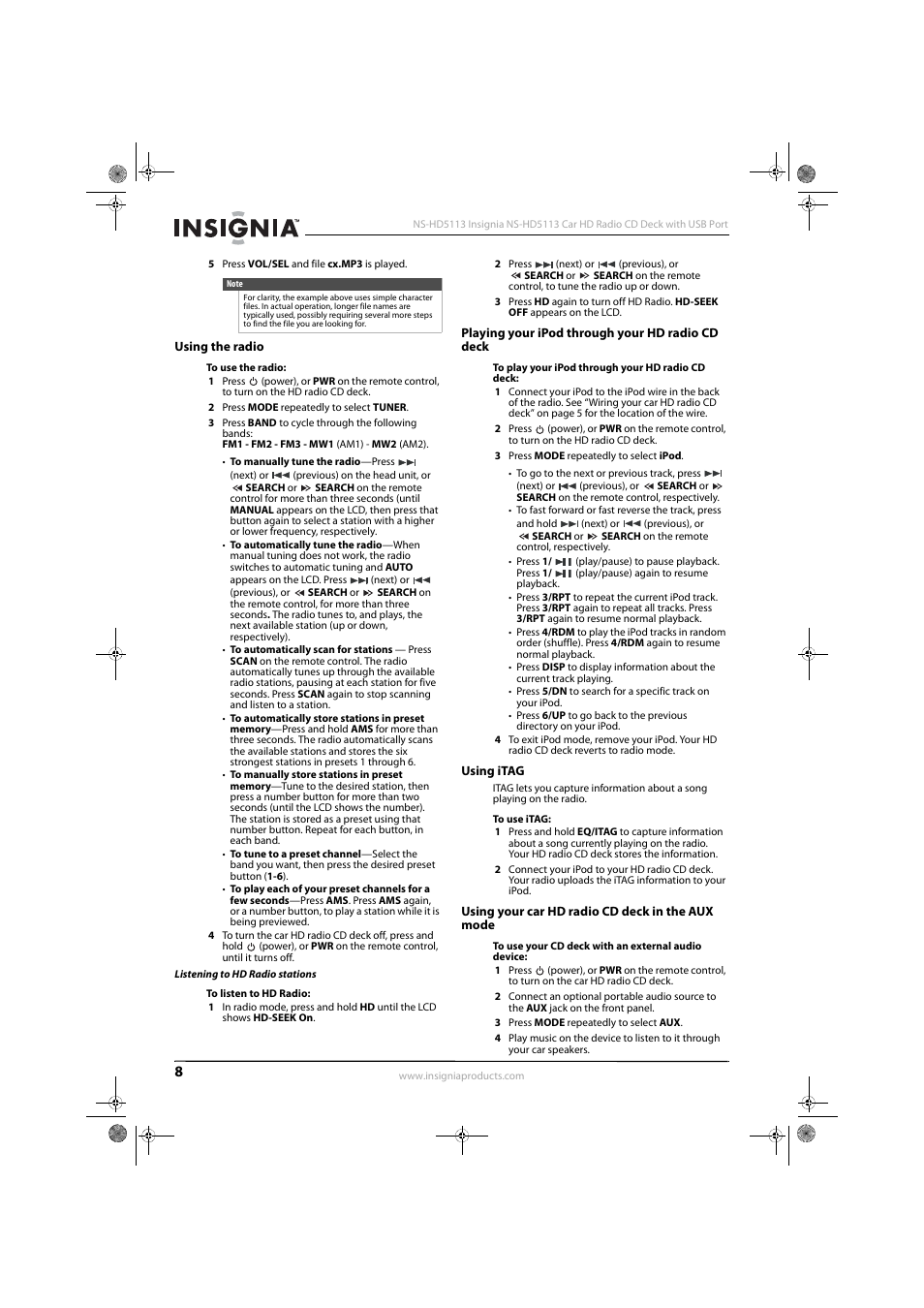 Using the radio, Listening to hd radio stations, Playing your ipod through your hd radio cd deck | Using itag, Using your car hd radio cd deck in the aux mode | Insignia NS-HD5113 User Manual | Page 10 / 16