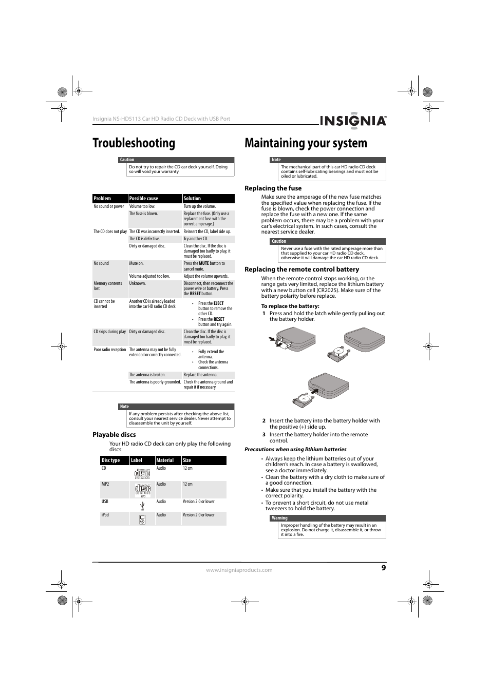 Troubleshooting, Playable discs, Maintaining your system | Replacing the fuse, Replacing the remote control battery, Precautions when using lithium batteries | Insignia NS-HD5113 User Manual | Page 11 / 16