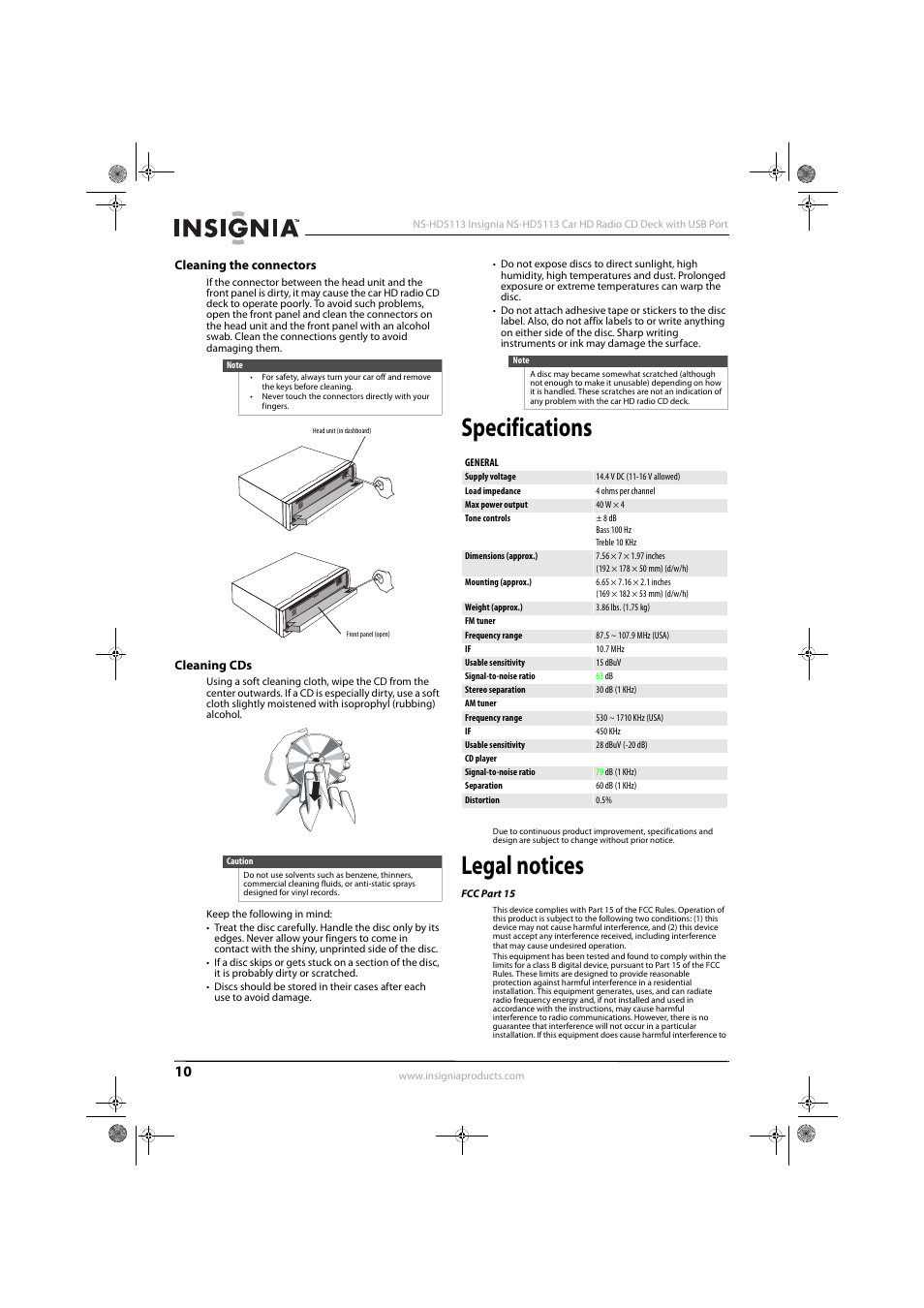 Cleaning the connectors, Cleaning cds, Specifications | Legal notices, Fcc part 15, Cleaning the connectors cleaning cds | Insignia NS-HD5113 User Manual | Page 12 / 16