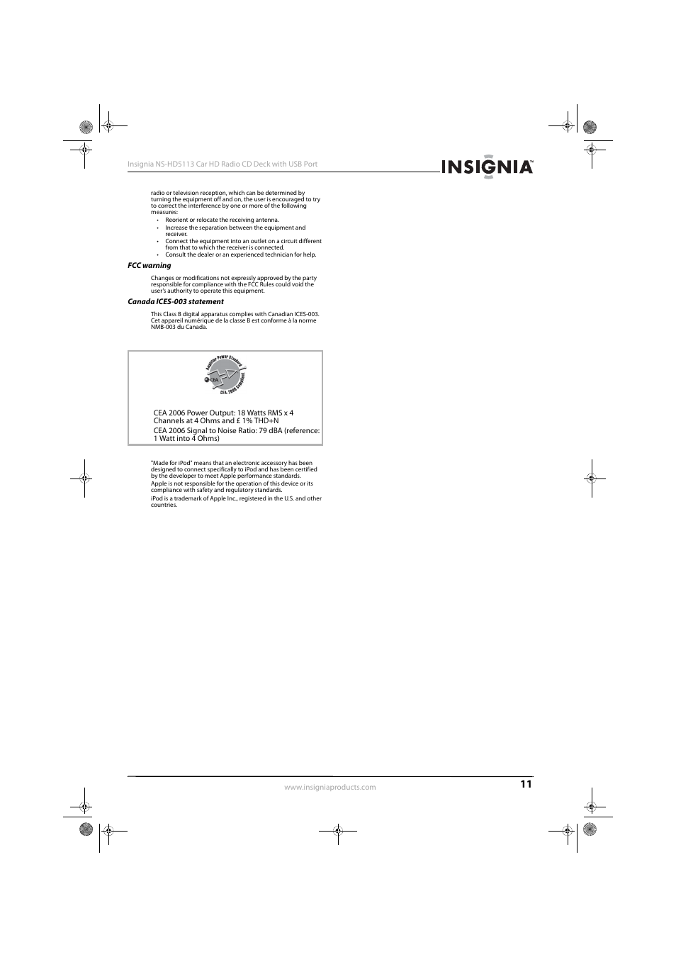 Fcc warning, Canada ices-003 statement | Insignia NS-HD5113 User Manual | Page 13 / 16