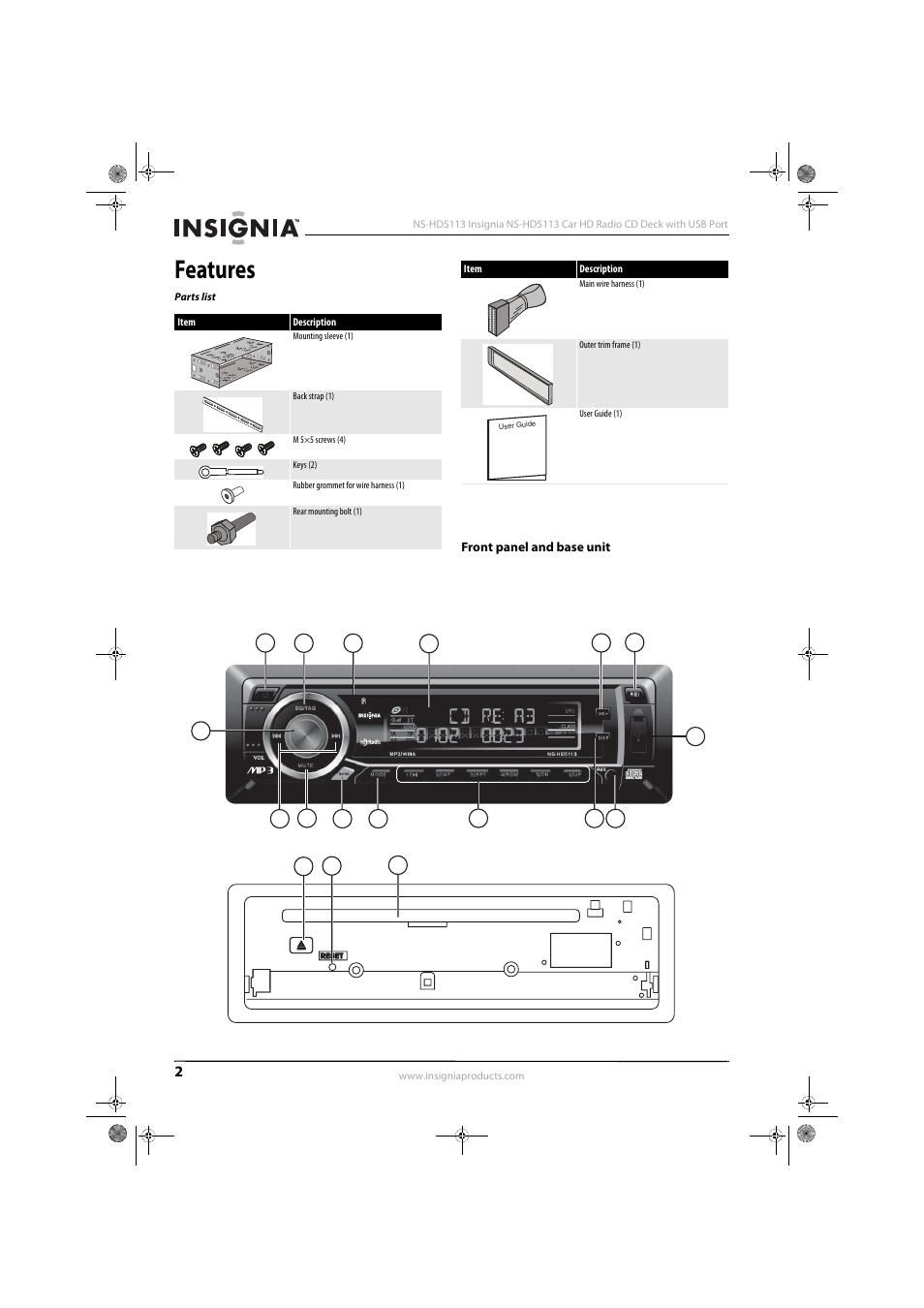 Features, Parts list, Front panel and base unit | Insignia NS-HD5113 User Manual | Page 4 / 16