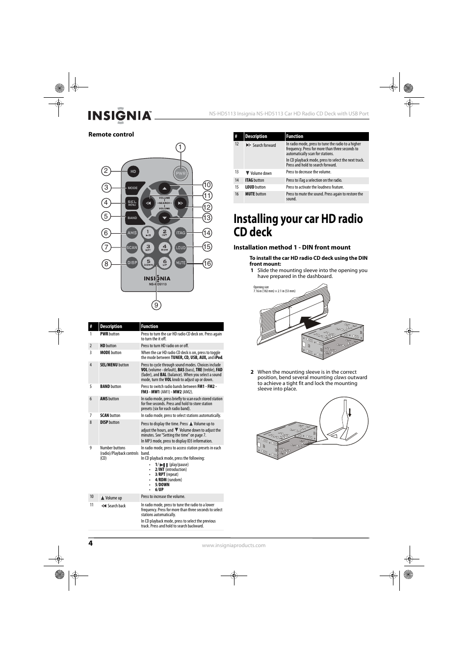 Remote control, Installing your car hd radio cd deck, Installation method 1 - din front mount | Insignia NS-HD5113 User Manual | Page 6 / 16