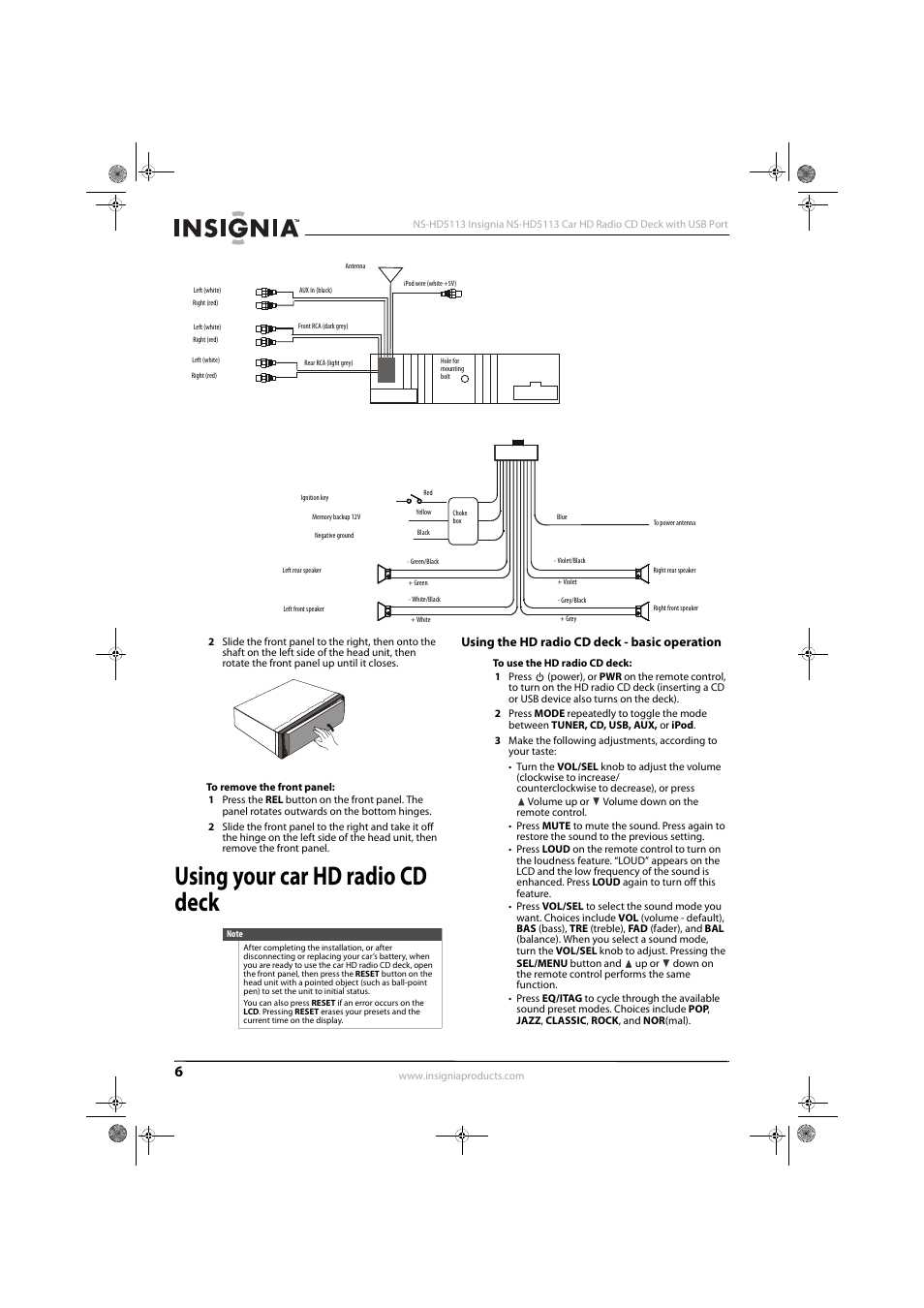 Using your car hd radio cd deck, Using the hd radio cd deck - basic operation | Insignia NS-HD5113 User Manual | Page 8 / 16