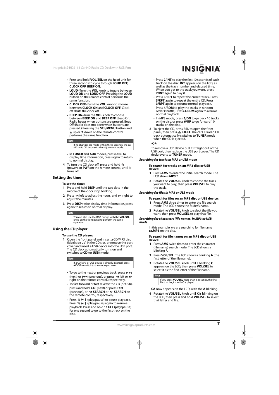 Setting the time, Using the cd player, Searching for tracks in mp3 or usb mode | Searching for files in mp3 or usb mode, Setting the time using the cd player | Insignia NS-HD5113 User Manual | Page 9 / 16