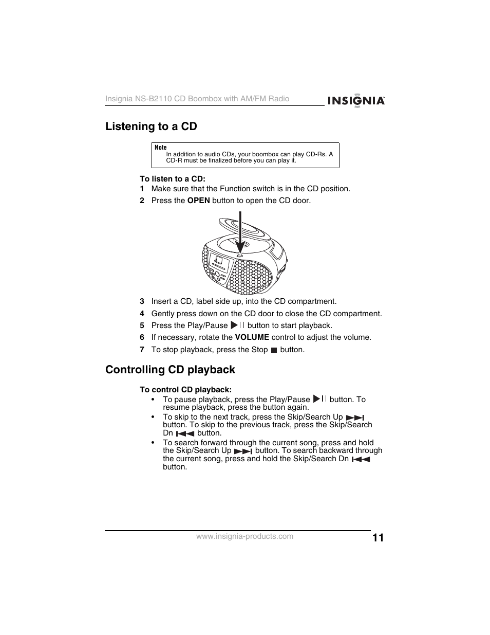 Listening to a cd, Controlling cd playback | Insignia NS-B2110 User Manual | Page 11 / 58