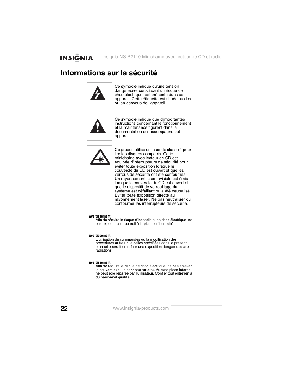 Informations sur la sécurité | Insignia NS-B2110 User Manual | Page 22 / 58