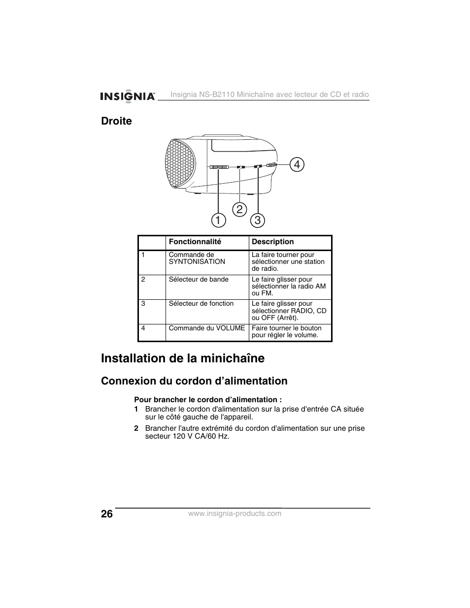 Installation de la minichaîne, Droite, Connexion du cordon d’alimentation | Insignia NS-B2110 User Manual | Page 26 / 58