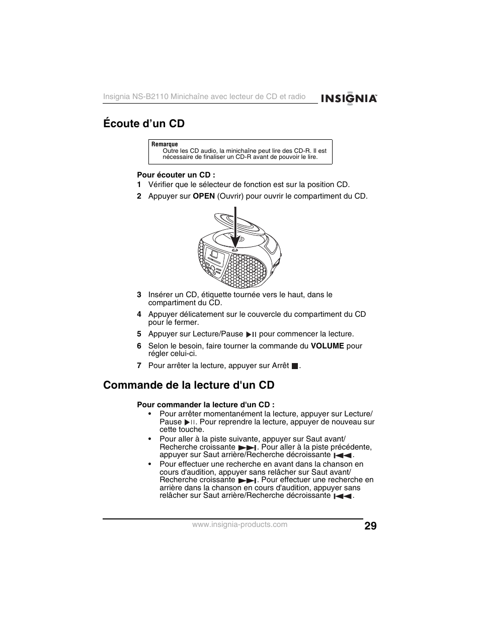 Écoute d’un cd, Commande de la lecture d'un cd | Insignia NS-B2110 User Manual | Page 29 / 58
