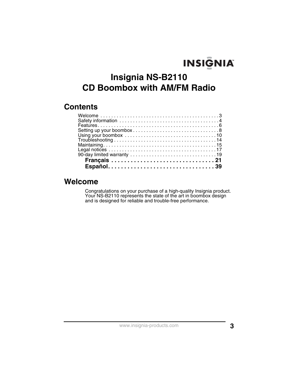 Insignia ns-b2110 cd boombox with am/fm radio | Insignia NS-B2110 User Manual | Page 3 / 58