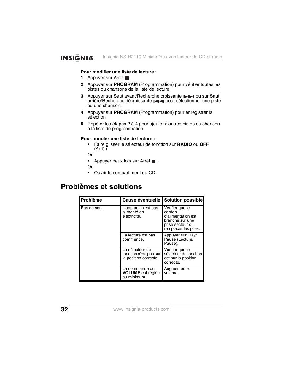 Problèmes et solutions | Insignia NS-B2110 User Manual | Page 32 / 58