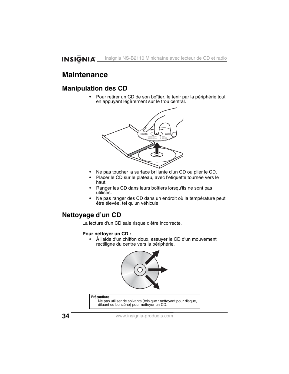 Maintenance, Manipulation des cd, Nettoyage d’un cd | Insignia NS-B2110 User Manual | Page 34 / 58