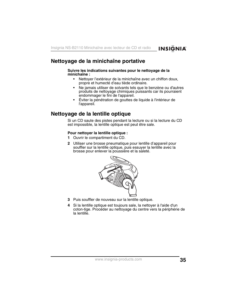 Nettoyage de la minichaîne portative, Nettoyage de la lentille optique | Insignia NS-B2110 User Manual | Page 35 / 58