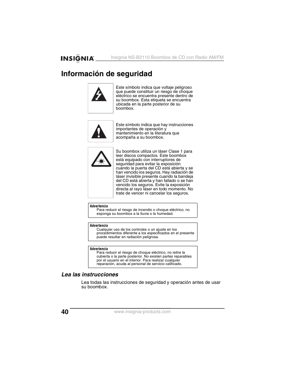 Información de seguridad, Lea las instrucciones | Insignia NS-B2110 User Manual | Page 40 / 58